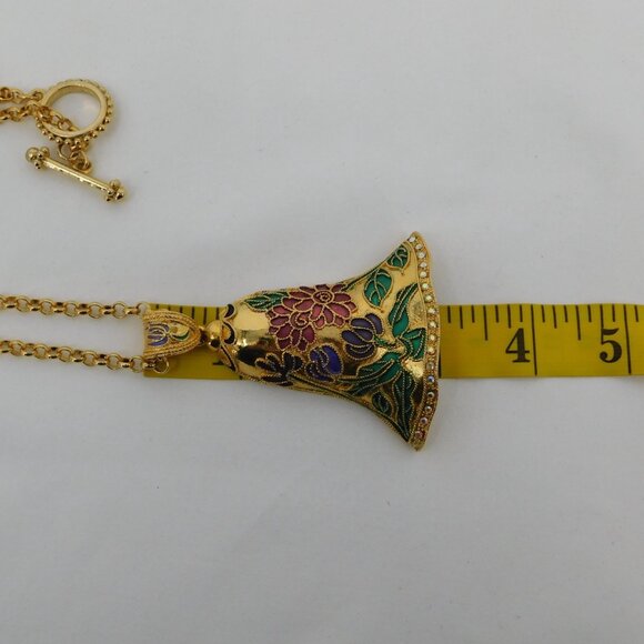 Bell Shaped Pendant Necklace Gold Tone Cloisonne Rhinestones Over 28" Long FLAW - Picture 5 of 6